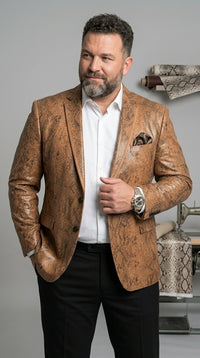 Men’s Tan Snakeskin Print Blazer, Brown Sport Coat Camel Alligator Crocodile Animal Print leopard Jacket