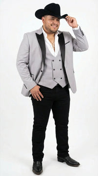 Men’s Light Gray Cowboy Tuxedo with Black Satin Lapel – Western Formal Suit with Double Breasted Vest