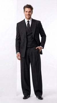 Tiglio Rosso Men’s Black Super 150’s Italian Wool 3-Piece Suit – Double-Breasted Jacket, Vest and Wide-Leg Pleated Pants