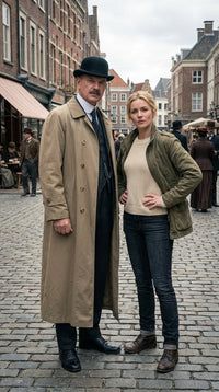 Men’s Beige Cotton Trench Coat Suit Package – Classic Long Overcoat for Formal + Suit + Hat