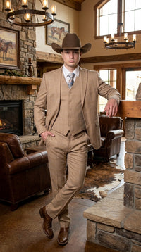 Men’s Khaki Tan Plaid Western Cowboy 3-Piece Suit – Texture Plaid windowpane Blazer, Vest & Pants