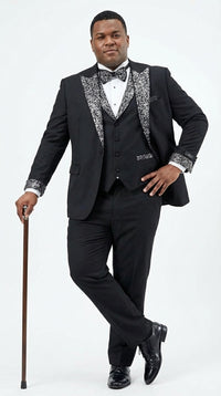 Mens Black and White Lapel Tuxedo Suit – Black Formal Tuxedo with White Pattern Lapel for Wedding, Prom and Evening Events