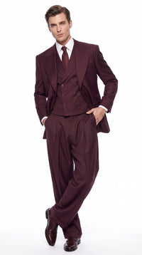 Tiglio Rosso Men’s Burgundy Wool Suit – Classic Fit Big Lapel Suit with Wide Leg Pleated Pants & Side Vents