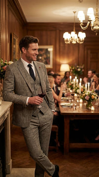 Vitali Brand Men’s Grey Textured Patterned 3 Piece Suit – Modern Fit Checkered Sharkskin with Blazer, Vest & Trousers, Business Wedding