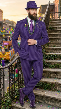 Men’s Purple Pinstripe Mardi Gras Suit | Classic Double Breasted Formal Carnival Suit