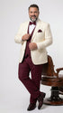 Men’s Cream Ivory and Burgundy 3 Piece Tuxedo Suit, Vested Formal Wedding Prom Dinner Suit in Cream Off White Color