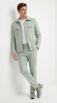 Mens Sage Green Walking Suit Set – Casual Safari Military Jacket and Pants Outfit for Travel