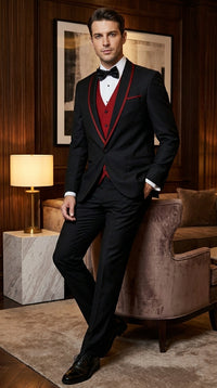 Statement Men's Black with Red Lapel Vested 100% Wool Tuxedo