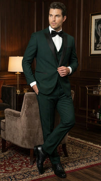 Men’s Hunter Green Tuxedo Suit 3 Piece – One Button Peak Lapel Designer Formal Suit for Wedding, Light Weight Wool By Statement Dark Green
