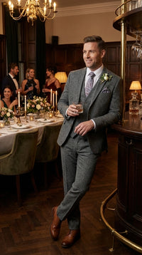 Men’s Peaky Blinder Light Grey Tweed Suit with Vest – Classic Three Piece Formal Suit, Vintage Wedding Business Outfit