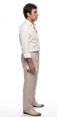 Tony Montana’s White Linen Shirt and Tan Pants – Men’s White Formal Shirt with Tan Trousers for Party, Wedding and Vintage Style Outfit