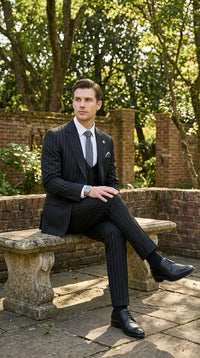Men’s Black Pinstripe 3 Piece Suit – Vested Formal Business Suit for Wedding, Office, Prom and Party Wear