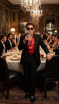 Tony Montana’s Black Blazer with Red Sateen Shirt – Men’s Black Formal Blazer and Red Satin Style Shirt Outfit for Party, Wedding and Vintage Wear