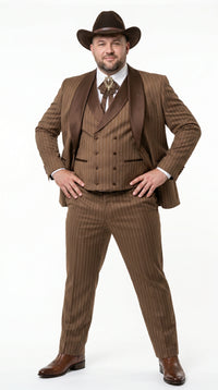 Men’s Brown Pinstripe Western Cowboy Tuxedo, Contrast Shawl Lapel Formal Suit for Weddings, Prom, Parties, and Special Occasions