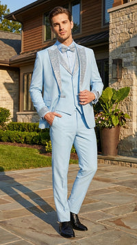 Men’s Light Blue Suit with Silver Glitter Lapel – Light Blue Formal Tuxedo Suit for Prom, Wedding and Special Occasion Wear in Sky Baby Blue