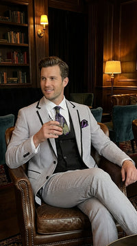 Mens Black and White Pinstripe Wedding Tuxedo Suit – Three Piece Formal Suit Set with Contrast Trim for Groom, Prom - Seersucker Summer Suit