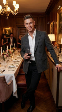 Mens Charcoal Gray Pinstripe Double Breasted Blazer Sport Coat – Classic Formal Business Jacket for Office and Smart Casual Wear