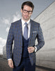 Mens 2 Button Suit with Low Cut Vest in Sapphire Blue Plaid