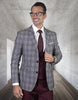 Mens 2 Button Suit with Low Cut Vest in Burgundy Plaid