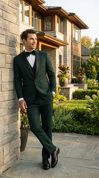 Men’s Hunter Green Tuxedo Suit 3 Piece – One Button Peak Lapel Designer Formal Suit for Wedding, Light Weight Wool By Statement Dark Green