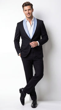 Men’s Black Suit with Light Blue Lapel – Modern Formal Tuxedo Style Suit for Wedding, Prom, Party and Sky Powder Blue Color