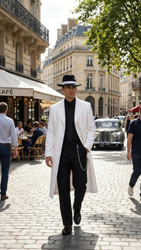 Men’s White Long Zoot Style Suit | Vintage Gangster Mafia Formal Coat with Black Pants
