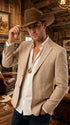 Men’s Cream Tan Beige Windowpane Plaid Western Blazer, Formal Cowboy Wedding Prom Sport Coat Jacket