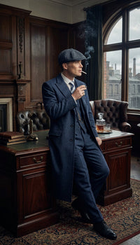 Men’s Navy Blue Herringbone Tweed 1920s 3 Piece Suit with Overcoat – Vintage Peaky Blinder Style Formal Suit Set with Blazer, Waistcoat + Overcoat + Hat