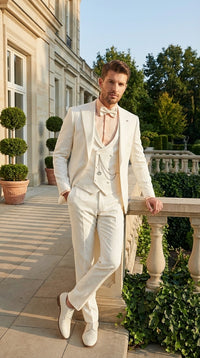 Vinci Men’s Ivory Three Piece Suit – Ivory 3PC Formal Wedding Suit for Groom, Prom and Black Tie Events