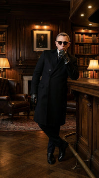 Men’s Black Double Breasted Overcoat, James Bond Inspired Long Formal Coat for Weddings, Business Events, Parties, and Winter Occasions