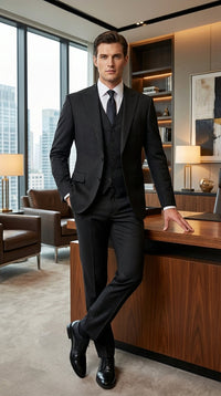 Vitali Mens Black Tone on Tone Shadow Stripe Vested Suit Set – 3 Piece Modern Fit Pinstripe Two Buttons