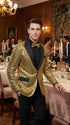 Mens Gold Sequin Blazer with Black Satin Lapel – Gold Formal Party Blazer Jacket for Prom, Wedding and Stage Events