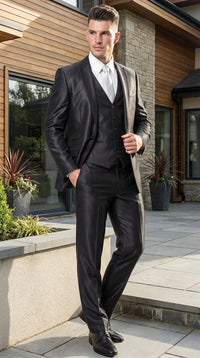 Men’s Black Three Piece Suit – Modern Fit 3PC Formal Suit with Vest for Weddings, Prom and Business Events Sharkskin Shiny Fabric
