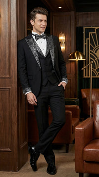 Mens Black and White Lapel Tuxedo Suit – Black Formal Tuxedo with White Pattern Lapel for Wedding, Prom and Evening Events
