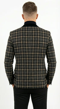 Mens Tartan Black and Gold Check Blazer – Windowpane Plaid Sport Coat Velvet Lapel Formal Party Jacket Chirsitmas New Year Holiday Jacket