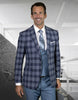 Mens 2 Button Suit with Low Cut Vest in Indigo Plaid