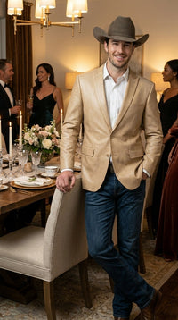 Men’s Champagne Gold Western Blazer, Formal Cowboy Wedding Ranch Sport Coat Jacket tan beige color sheen sharkskin fabric