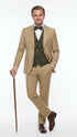 Men’s Khaki 3 Piece Suit with Patterned Vest, Great Gatsby Inspired Formal Suit for Weddings, Mardi Gra in Tan Camel Color