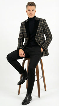 Mens Tartan Black and Gold Check Blazer – Windowpane Plaid Sport Coat Velvet Lapel Formal Party Jacket Chirsitmas New Year Holiday Jacket