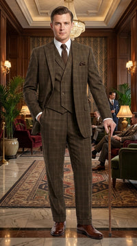 Men’s 1930s Brown Plaid 3 Piece Suit, Vintage Formal Wedding Business Dress Suit Set