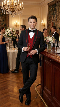 Statement Men's Black with Red Lapel Vested 100% Wool Tuxedo