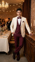 Men’s Cream Ivory and Burgundy 3 Piece Tuxedo Suit, Vested Formal Wedding Prom Dinner Suit in Cream Off White Color