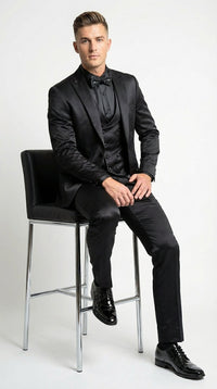 Men’s All Shiny Black Satin Suit – Black Satin Tuxedo Suit for Prom, Wedding, Formal Party and Evening Events Double breasted Vest