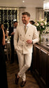 Men’s Cream Off White Pinstripe Linen Pinstripe 2 Piece Double Breasted Suit, Summer Wedding Ivory Color By Vitali