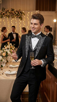 Mens Black and White Lapel Tuxedo Suit – Black Formal Tuxedo with White Pattern Lapel for Wedding, Prom and Evening Events