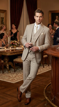Men’s Tan Pinstripe Three Piece Suit – Classic Fit Pleated Pants Tan Sand Beige Wedding, Church Shadow Ton on Tone Business Suit for Men