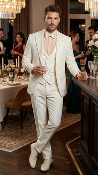 Vinci Men’s Ivory Three Piece Suit – Ivory 3PC Formal Wedding Suit for Groom, Prom and Black Tie Events