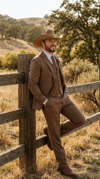 Men’s Light Brown Western 3 Piece Suit – Classic Country Style Blazer Vest Pants Set, Formal Cowboy Suit Toast