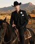 Men’s Black Western Tuxedo Suit, 3 Piece Cowboy Formal Wedding Prom Suit with Satin Trim