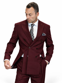 Statement Mens 2 Piece 100% Wool Modern Fit Double Breasted Suit - Front Vents in burgundy